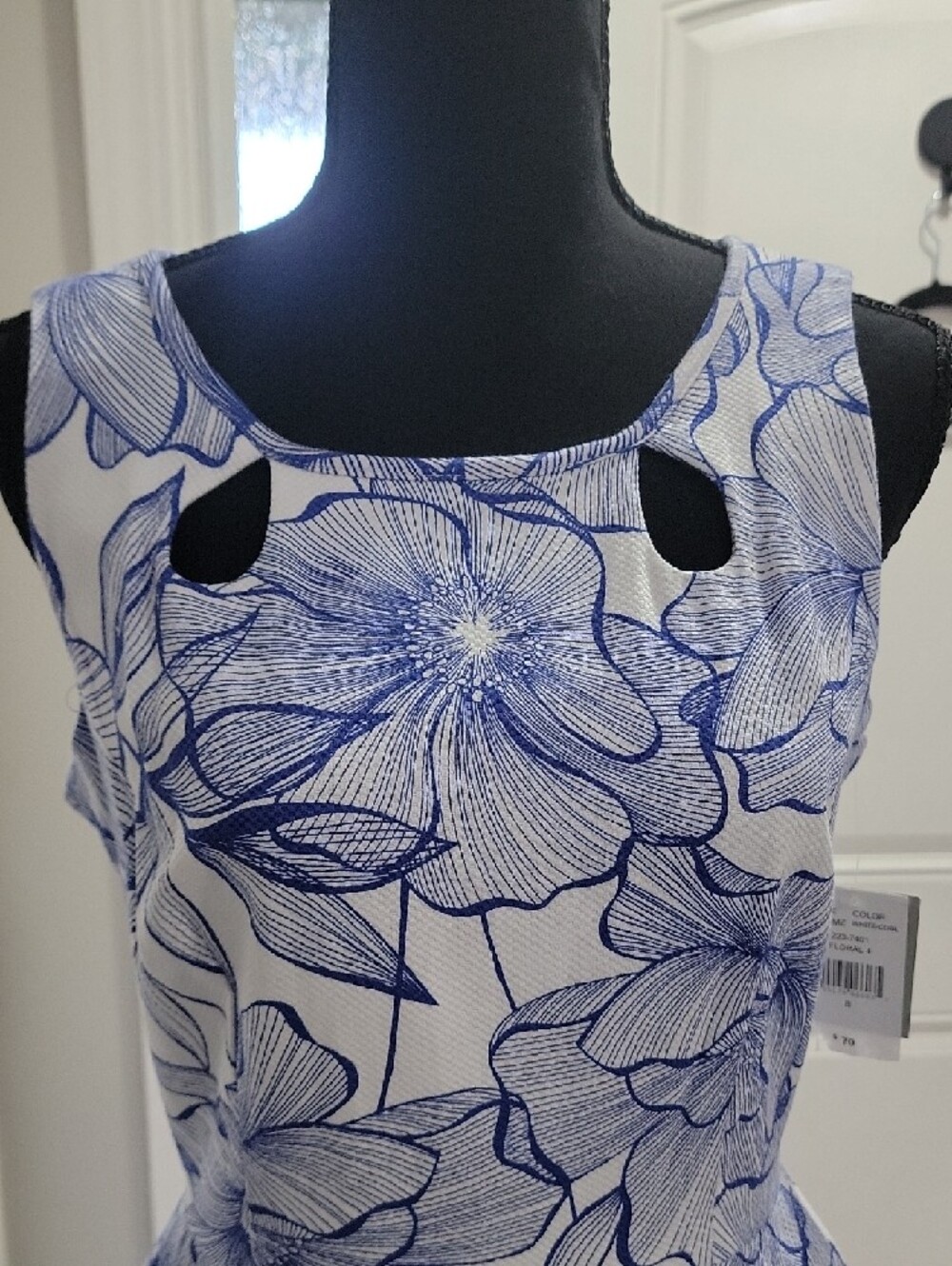 Sleeveless White & Blue Floral Fit-and-Flare Dress - Picture 2 of 11